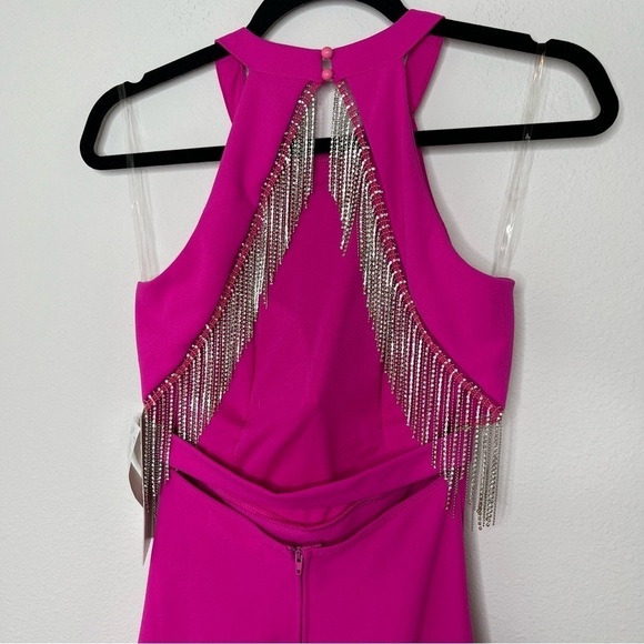 Emerald Sundae Sleeveless HighNeck Rhinestone Fringe Back Dress Neon Pink XS NWT - Picture 6 of 15